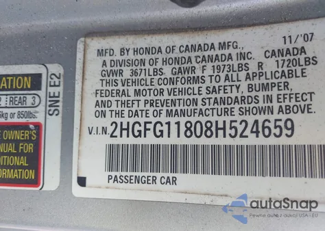 2008 Honda Civic Ex z USA, uszkodzony, nr VIN 2HGFG11808H524659